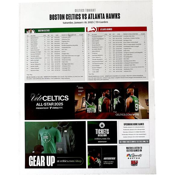 Boston Celtics v Atlanta Hawks 1/18/25 Lineup Roster Poster Derrick White - Picture 2 of 9